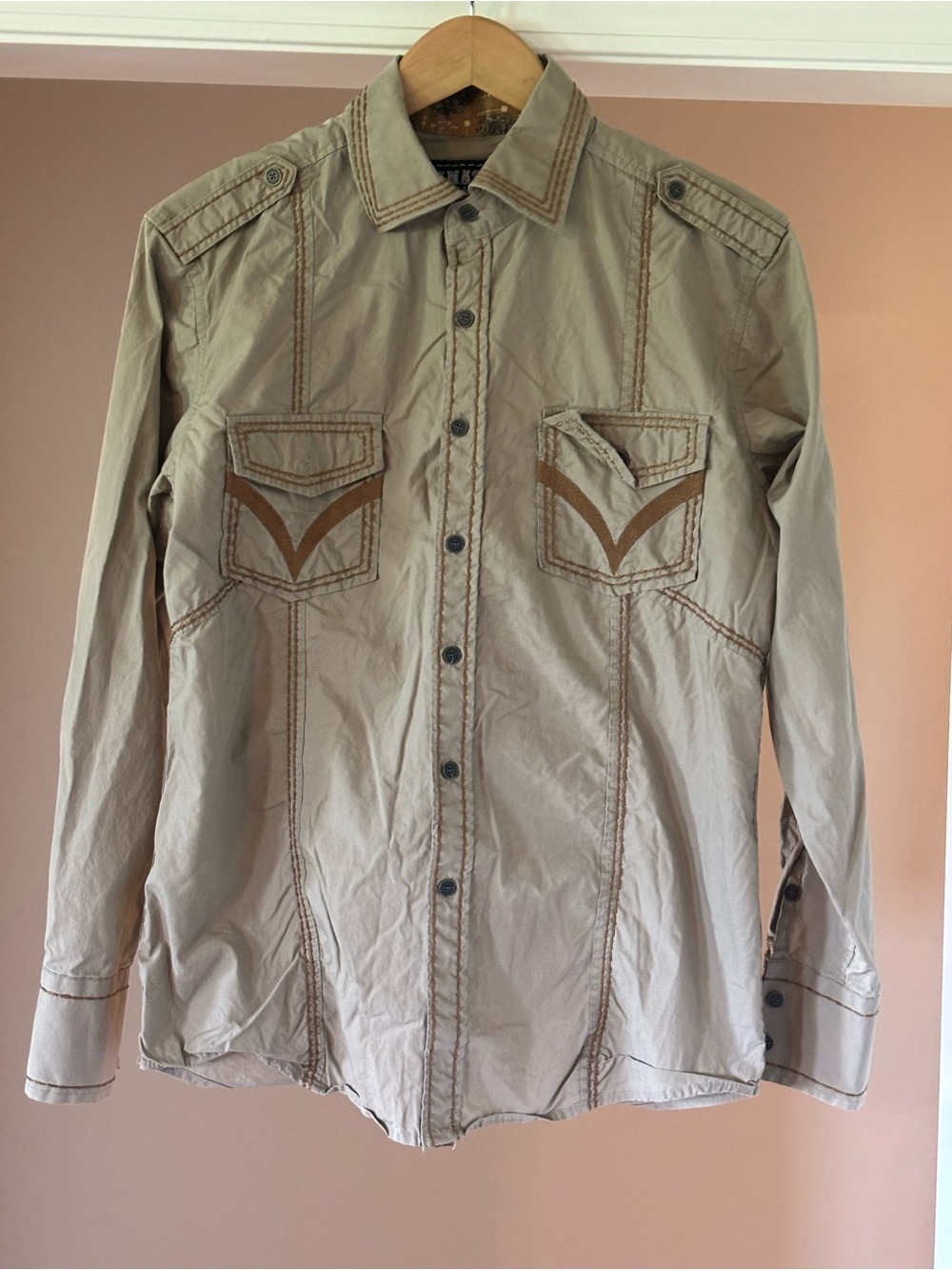 Light Khaki Men's Shirt Jacket with Contrast Stitching